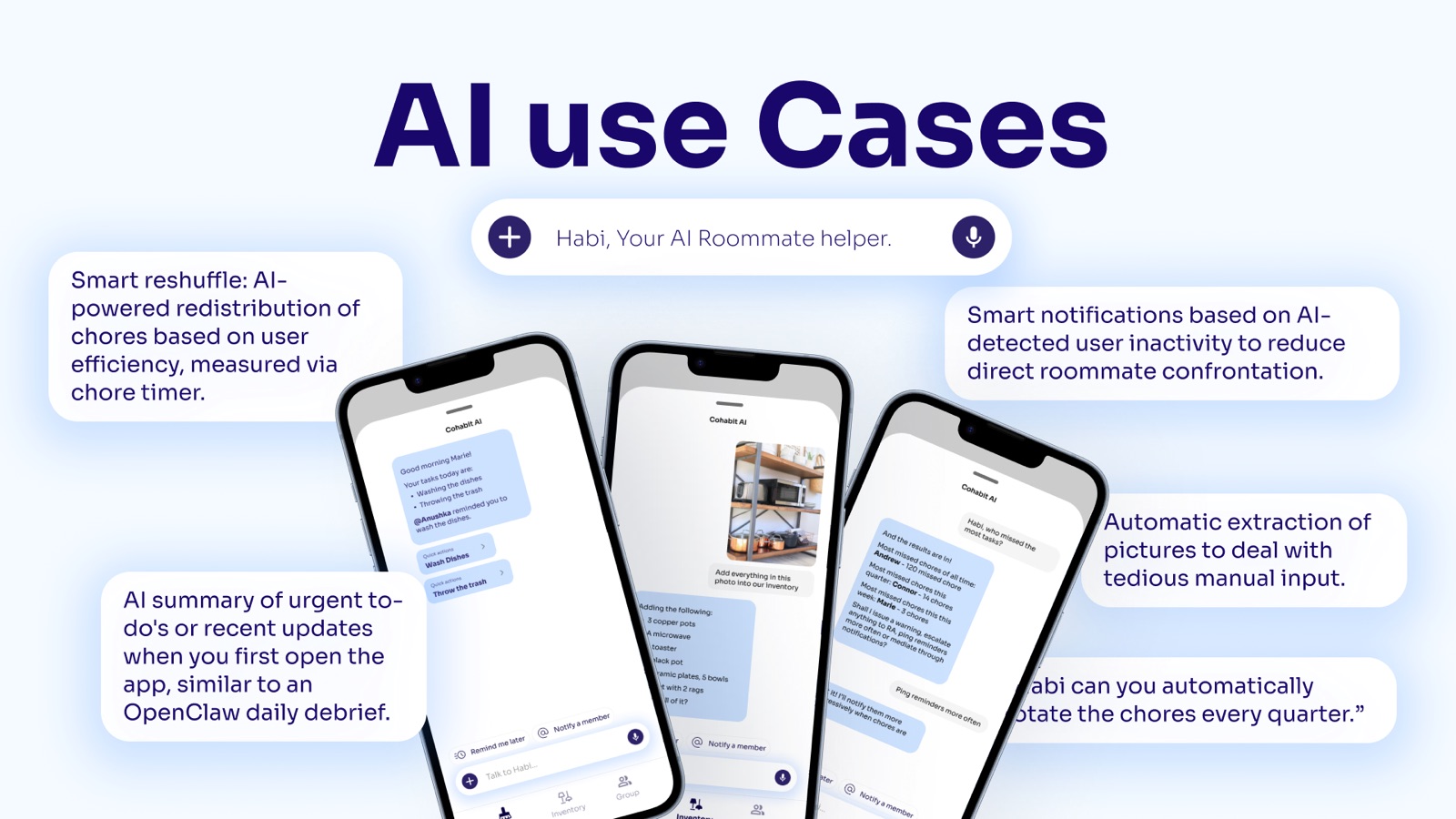AI use cases slide: three phones showing smart reshuffle, notifications, and photo extraction